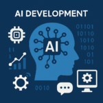 a blue and white graphic of a head with a brain and icons representing AI Development